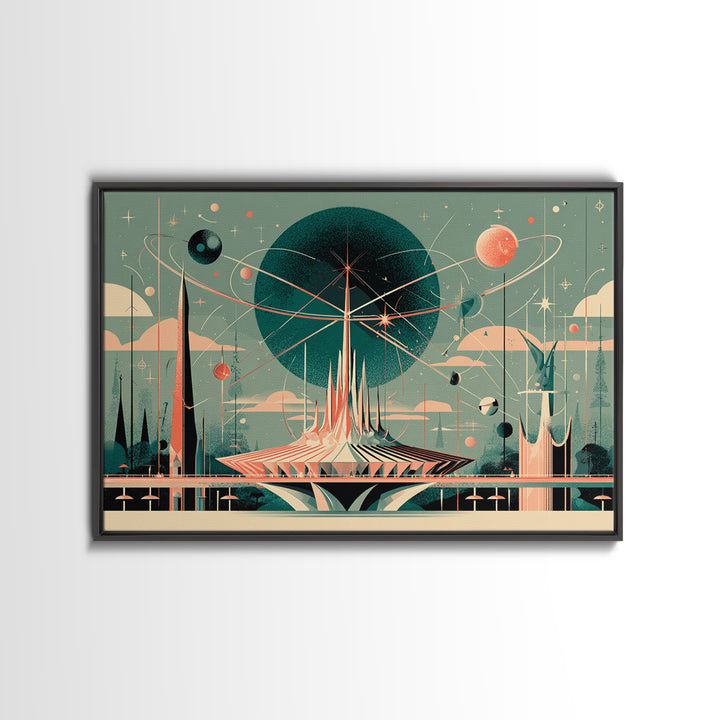 Atomic Futurist Pavilion Canvas Print, Midcentury Modern Wall Art, Retro Space Age Decor, Geometric MCM Architecture Poster