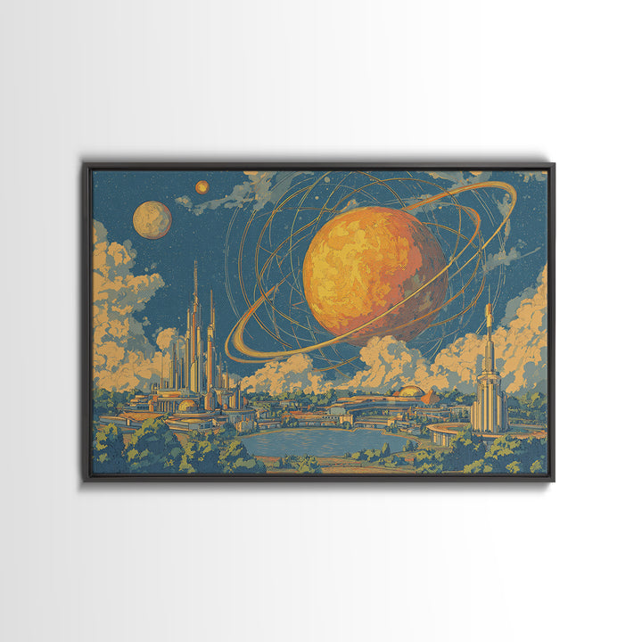 Ringed Planet Futurist City Wall Art, Midcentury Modern Sci Fi Poster, Retro Space Age Decor, Atomic Skyline Canvas Print