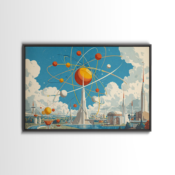 Atomic Solar System Skyline Framed Canvas Print, Midcentury Modern Sci Fi Wall Art, Retro Space Age MCM City Decor Poster