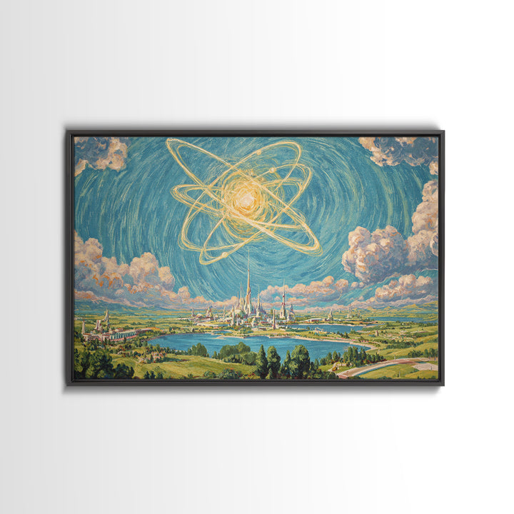 Radiant Atomic Sky Over Future City Wall Art, Midcentury Modern Sci Fi Landscape Poster, Retro Space Age MCM Decor Print