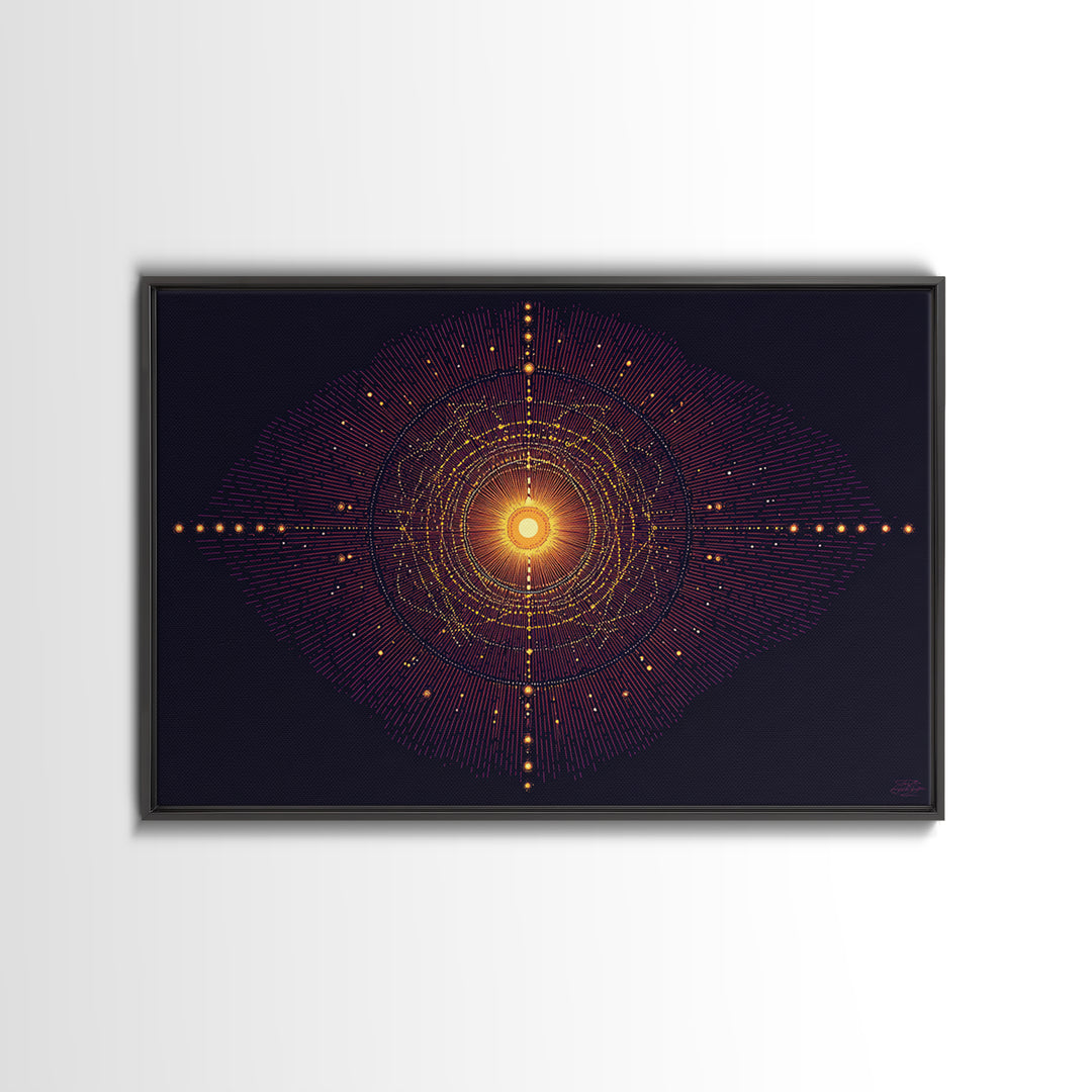 Glowing Orange Cosmic Mandala Wall Art, Midcentury Modern Abstract Art Print, Space Geometric Retro Decor, Large MCM Poster