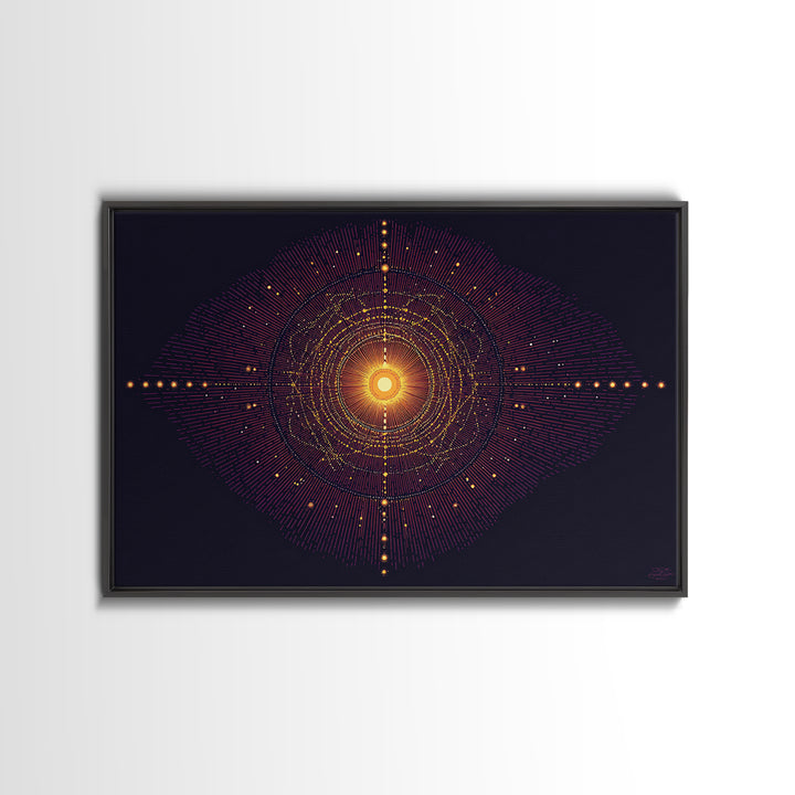 Glowing Orange Cosmic Mandala Wall Art, Midcentury Modern Abstract Art Print, Space Geometric Retro Decor, Large MCM Poster