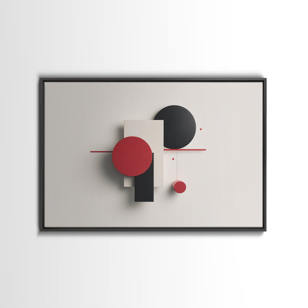 Red Black White Dimensional Shapes Framed Canvas Print, Midcentury Modern Wall Art, Geometric Abstract MCM Decor, Bold Poster