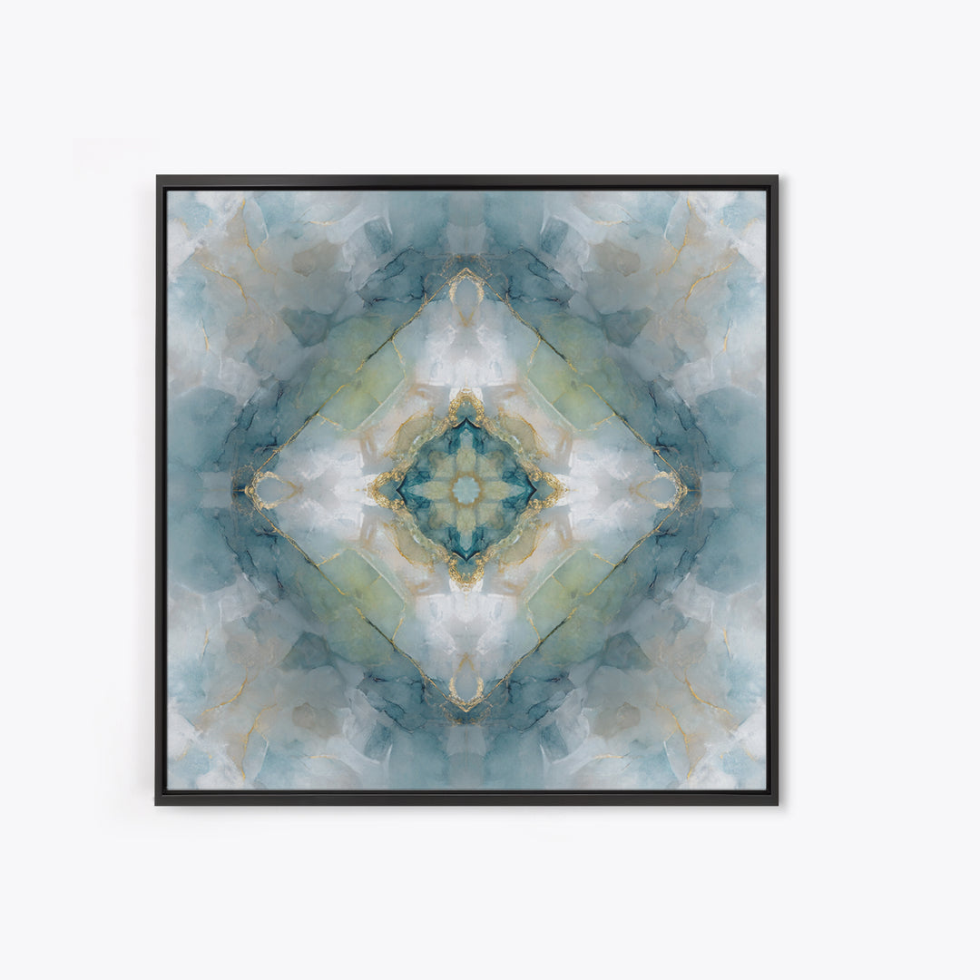Mandala with Soft Gold and Indigo Symmetry Framed Canvas Print, Meditation Art, Zen Wall Art, Living Room Decor, Stillness, MED-1x1-2