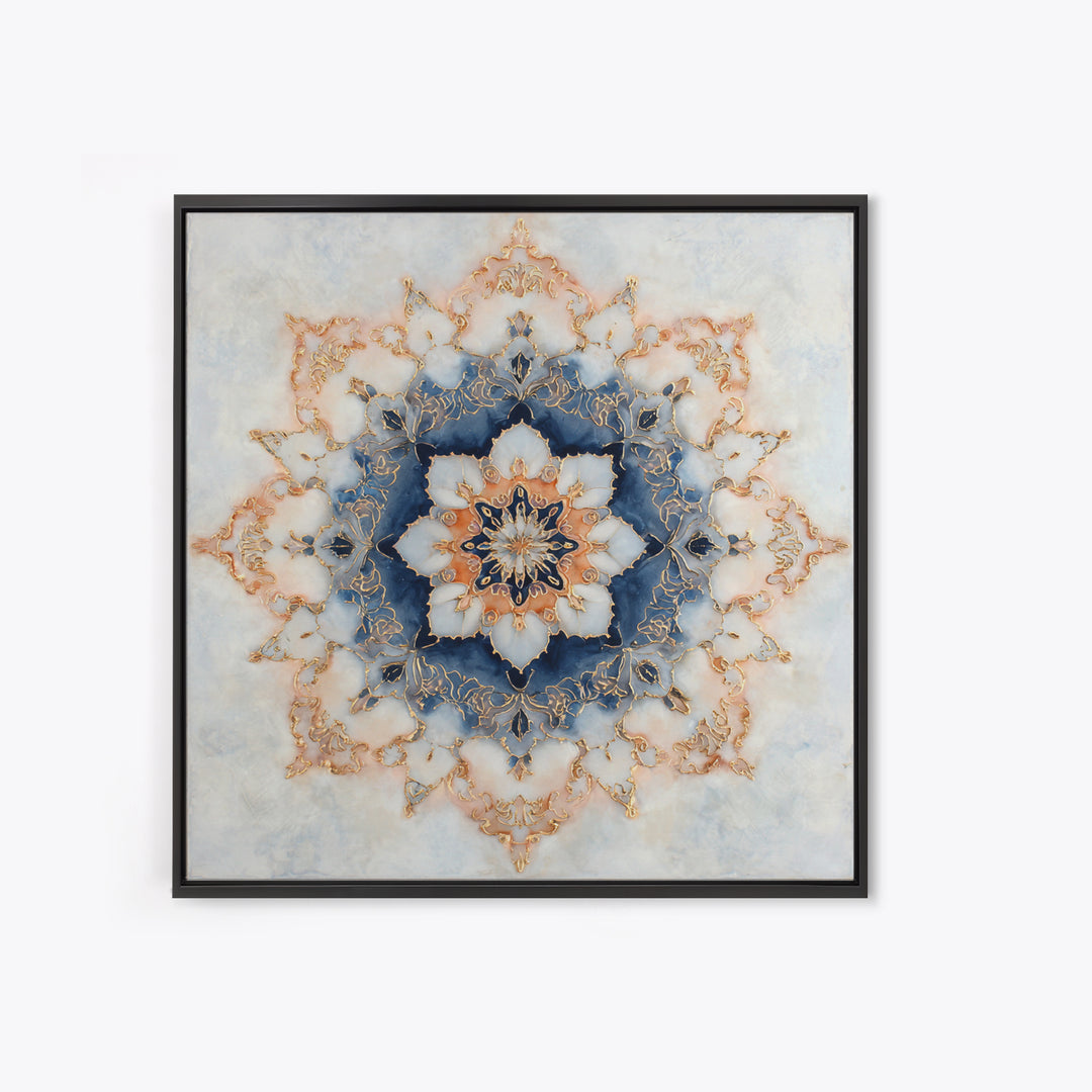 Mandala with Soft Gold and Indigo Symmetry Canvas Print, Meditation Art, Printable Artwork, Living Room Decor, Stillness, MED-1x1-26