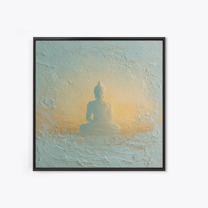 Buddha Silhouette Surrounded by Warm Light Canvas Print, Meditation Art, Neutral Wall Art, Living Room Decor, Stillness, MED-1x1-31
