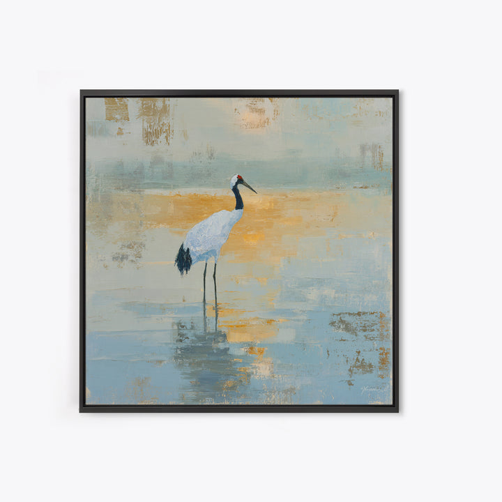 White Crane in Quiet Morning Mist Framed Canvas Print, Meditation Art, Art Print, Living Room Decor, Fine Art, Stillness, MED-1x1-40