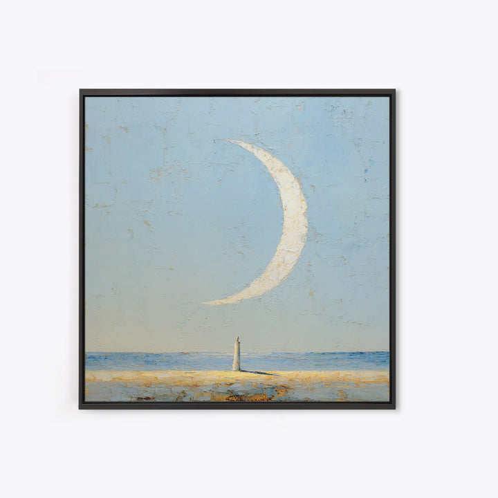 Single Seated Figure Beneath a Crescent Moon Canvas Print, Meditation Art, Statement Artwork, Living Room Decor, Stillness, MED-1x1-75