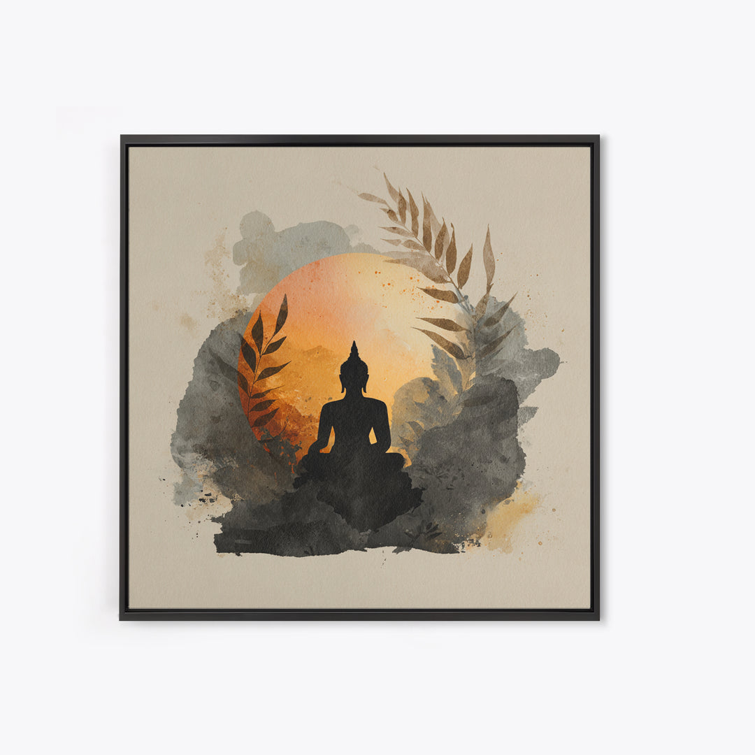 Buddha Silhouette Surrounded by Warm Light Framed Canvas Print, Meditation Art, Boho Decor, Living Room Decor, Oil Painting, MED-1x1-79