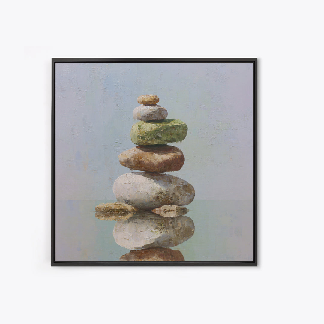 Floating Stones Balanced Above Calm Water Framed Canvas Print, Meditation Art, Digital Print, Living Room Decor, Stillness, MED-1x1-8