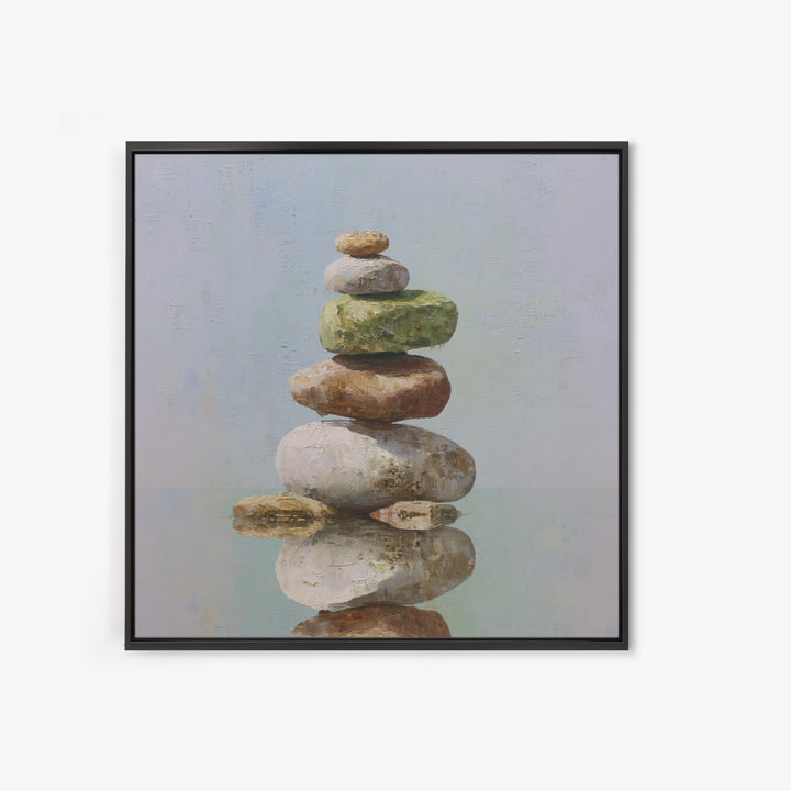 Floating Stones Balanced Above Calm Water Framed Canvas Print, Meditation Art, Digital Print, Living Room Decor, Stillness, MED-1x1-8