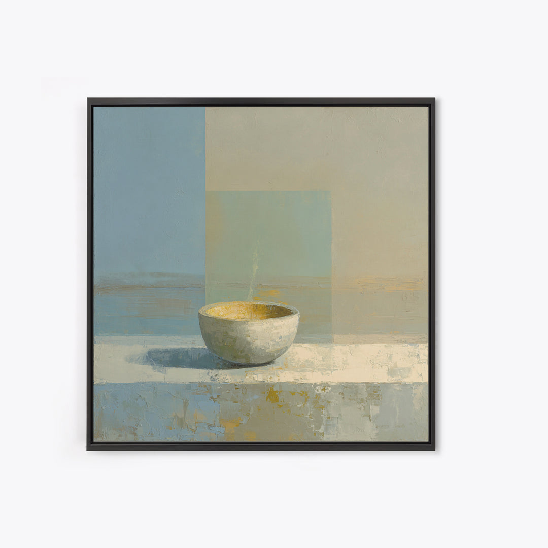 Tea Bowl and Steam Framed Canvas Print, Meditation Art, Wall Art, Living Room Decor, Oil Painting, Stillness, Boho Wall Decor, MED-1x1-93