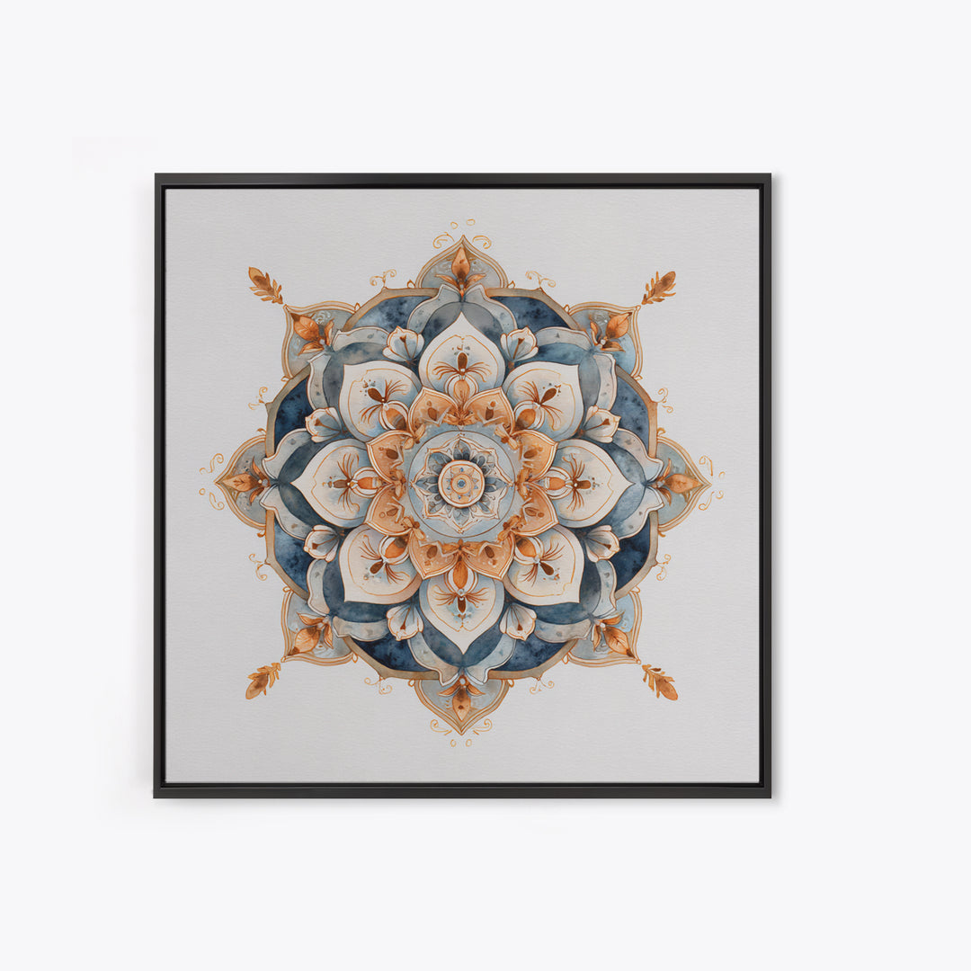Mandala with Soft Gold and Indigo Symmetry Canvas Print, Meditation Art, Room Decor, Living Room Decor, Fine Art, Stillness, MED-1x1-98