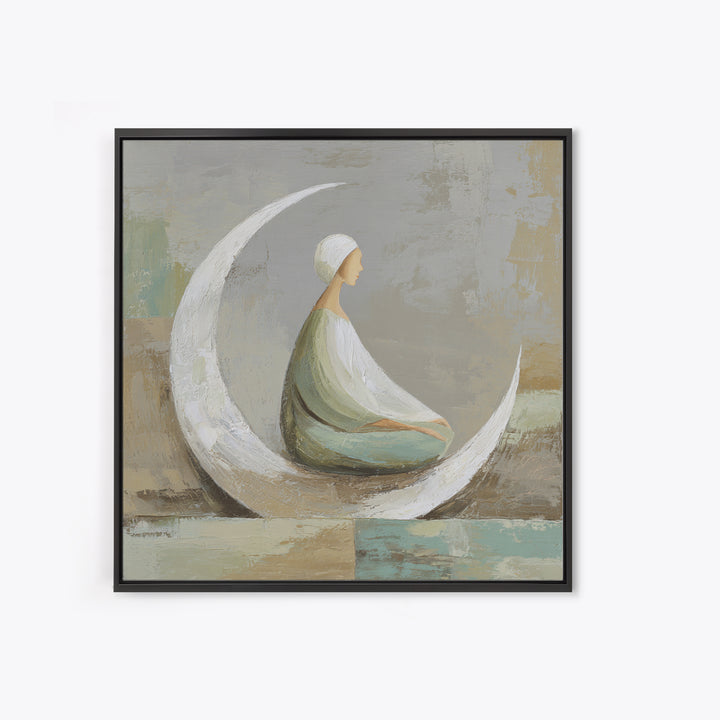 Single Seated Figure Beneath a Crescent Moon Canvas Print, Meditation Art, Digital Wall Art, Living Room Decor, Stillness, MED-1x1-99