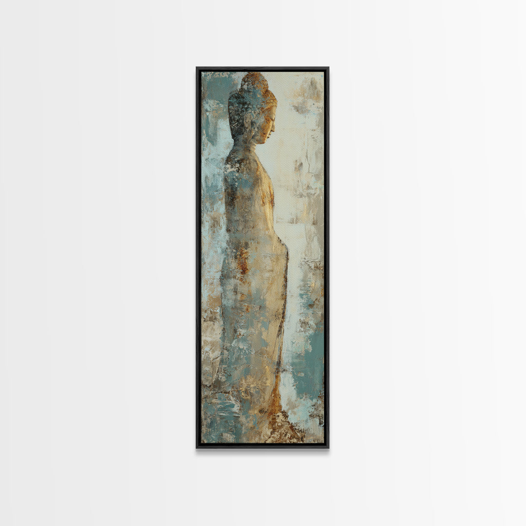 Buddha Silhouette Surrounded by Warm Light Framed Canvas Print, Meditation Art, Boho Wall Decor, Living Room Decor, Stillness, MED-1x3-19