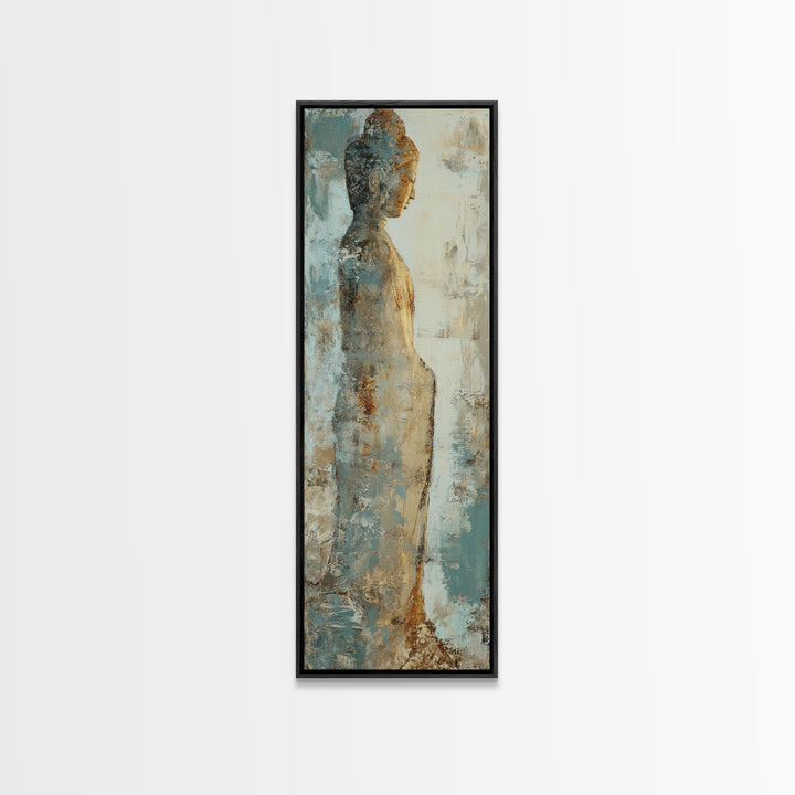 Buddha Silhouette Surrounded by Warm Light Framed Canvas Print, Meditation Art, Boho Wall Decor, Living Room Decor, Stillness, MED-1x3-19