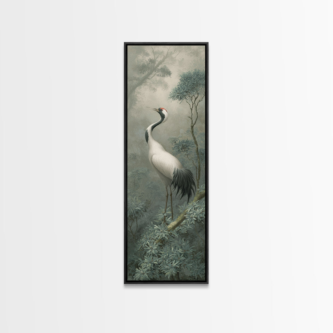 White Crane in Quiet Morning Mist Framed Canvas Print, Meditation Art, Abstract Wall Art, Living Room Decor, Stillness, MED-1x3-52