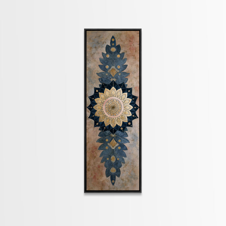 Mandala with Soft Gold and Indigo Symmetry Canvas Print, Meditation Art, Minimalist Decor, Living Room Decor, Stillness, MED-1x3-86