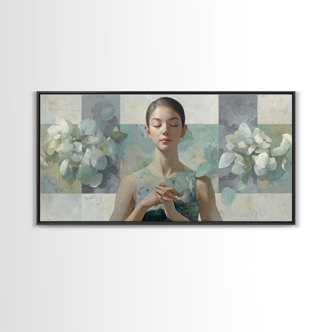 Calm Face Portrait Framed Canvas Print, Meditation Art, Statement Artwork, Living Room Decor, Fine Art, Stillness, Art Deco, MED-2x1-20