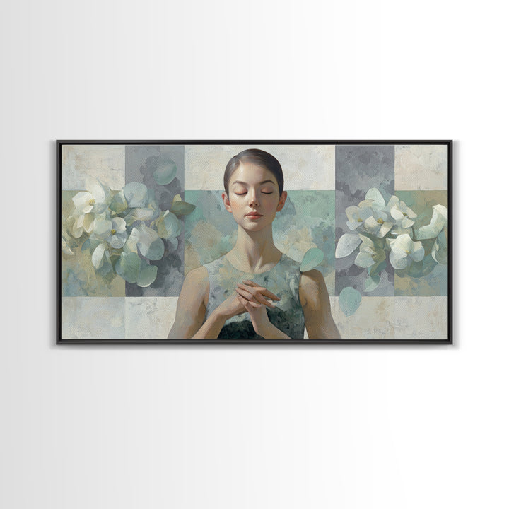 Calm Face Portrait Framed Canvas Print, Meditation Art, Statement Artwork, Living Room Decor, Fine Art, Stillness, Art Deco, MED-2x1-20