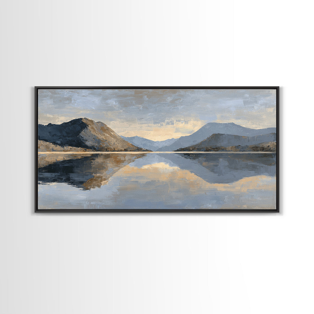 Mountain Lake at Sunrise Framed Canvas Print, Meditation Art, Digital Print, Living Room Decor, Oil Painting, Stillness, MED-2x1-25
