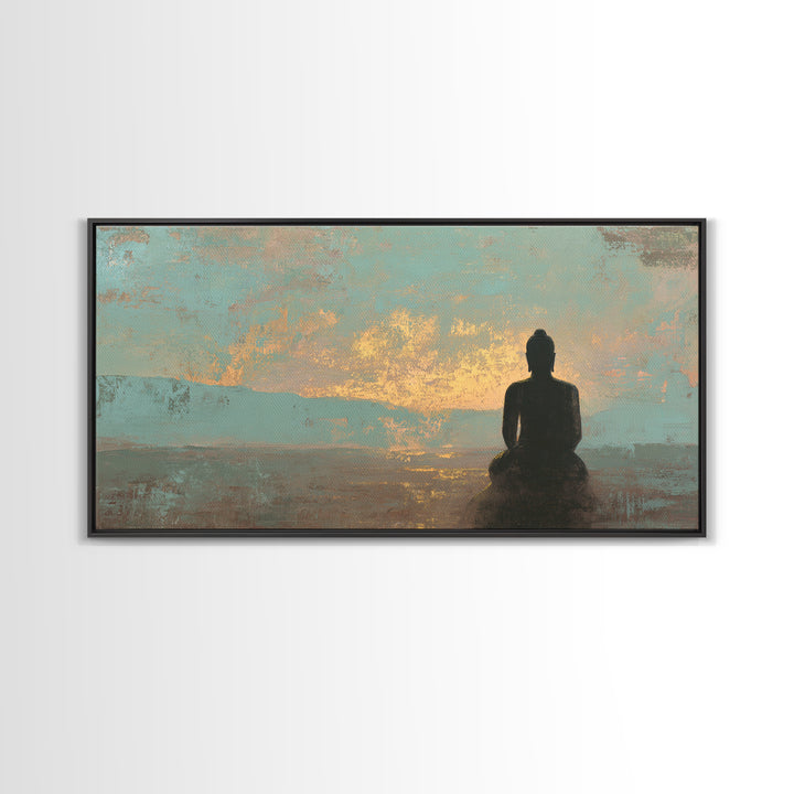 Buddha Silhouette Surrounded by Warm Light Framed Canvas Print, Meditation Art, Boho Wall Decor, Living Room Decor, Stillness, MED-2x1-3
