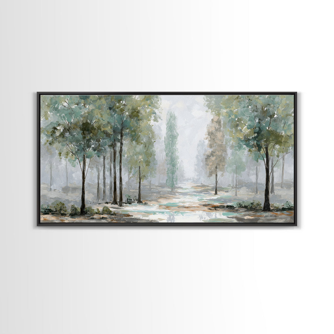 Misty Forest Path Framed Canvas Print, Meditation Art, Art Deco, Living Room Decor, Fine Art, Stillness, Digital Download Art, MED-2x1-33