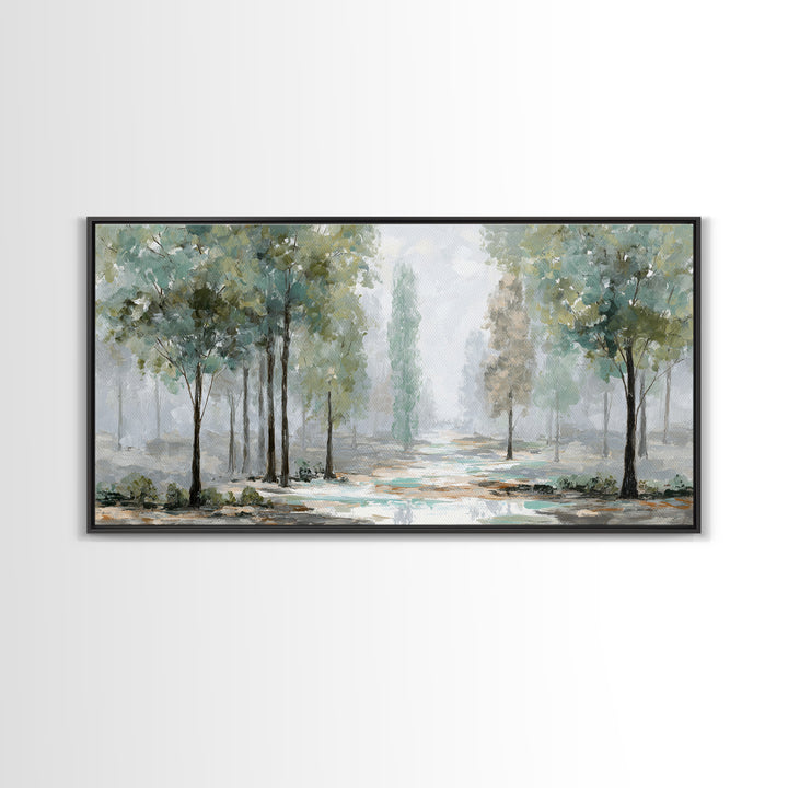 Misty Forest Path Framed Canvas Print, Meditation Art, Art Deco, Living Room Decor, Fine Art, Stillness, Digital Download Art, MED-2x1-33
