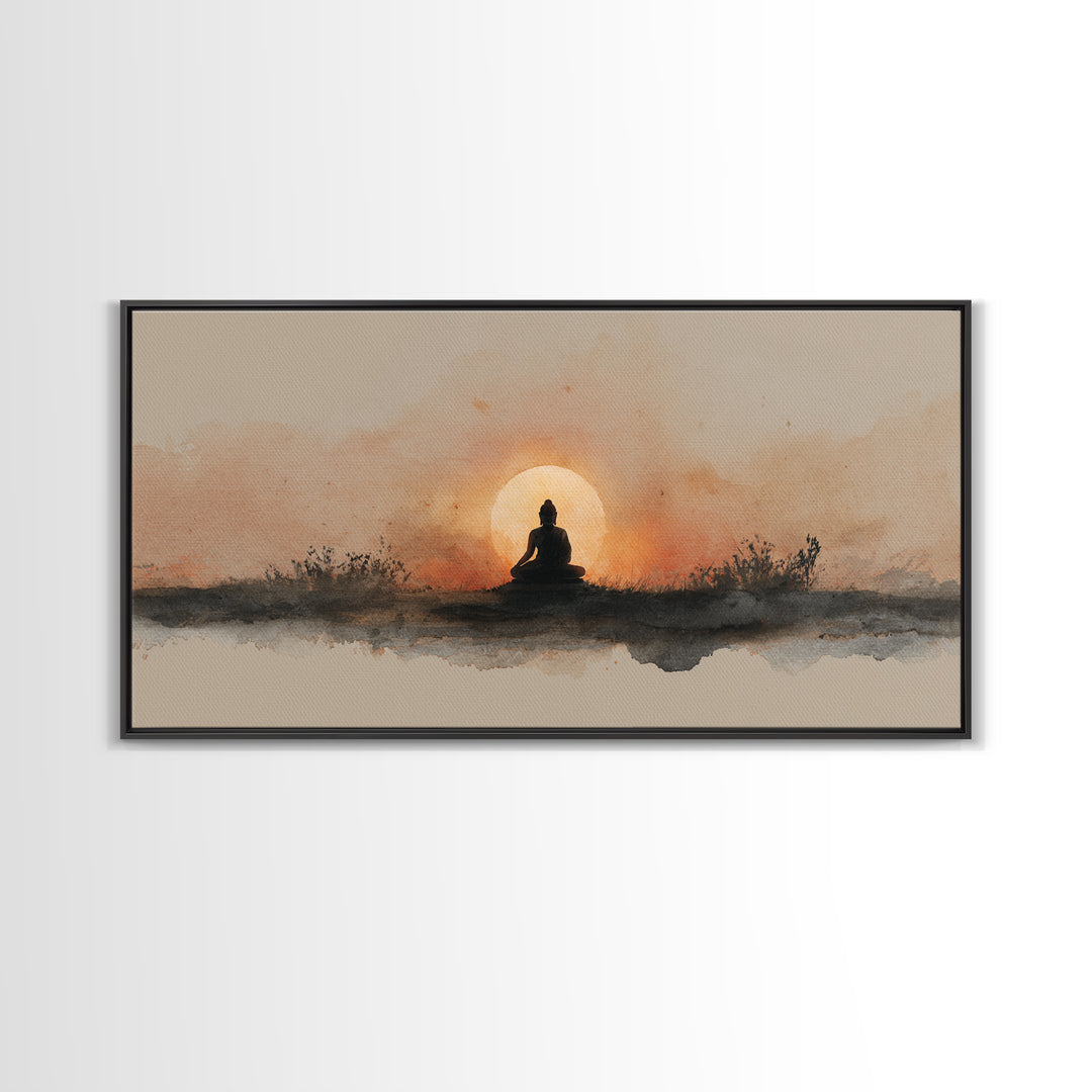 Buddha Silhouette Surrounded by Warm Light Canvas Print, Meditation Art, Gallery Wall Art, Living Room Decor, Stillness, MED-2x1-51