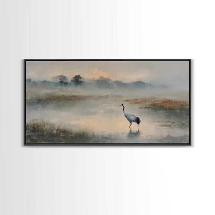 White Crane in Quiet Morning Mist Framed Canvas Print, Meditation Art, Canvas Art, Living Room Decor, Oil Painting, Stillness, MED-2x1-60