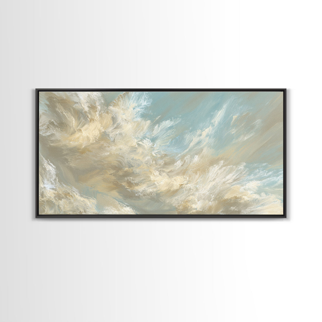 Angelic Light Rays Through Abstract Clouds Framed Canvas Print, Meditation Art, Canvas Art, Living Room Decor, Stillness, MED-2x1-90