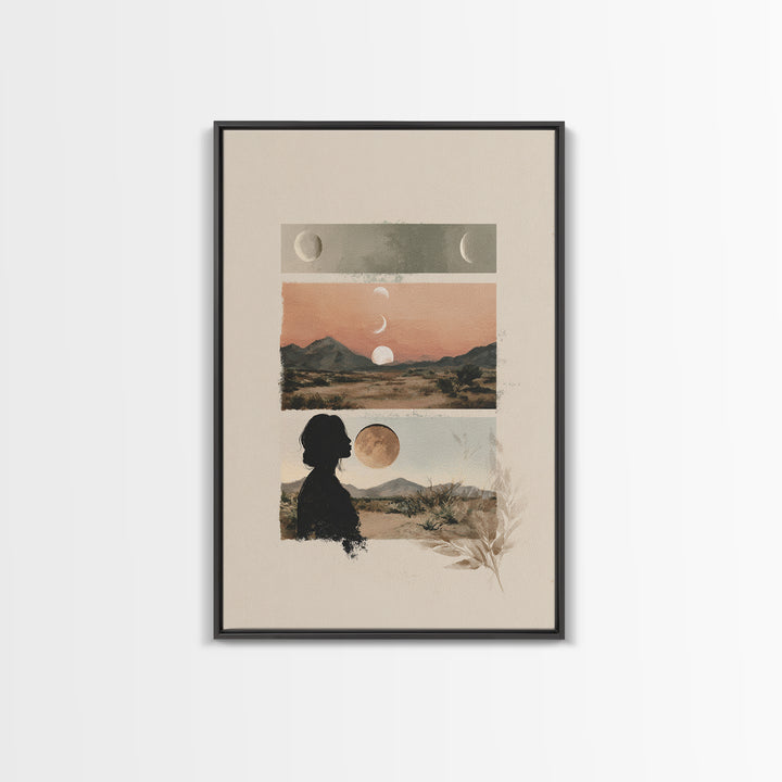 Moon Phases over a Quiet Desert Framed Canvas Print, Meditation Art, Modern Wall Art, Living Room Decor, Fine Art, Stillness, MED-2x3-17