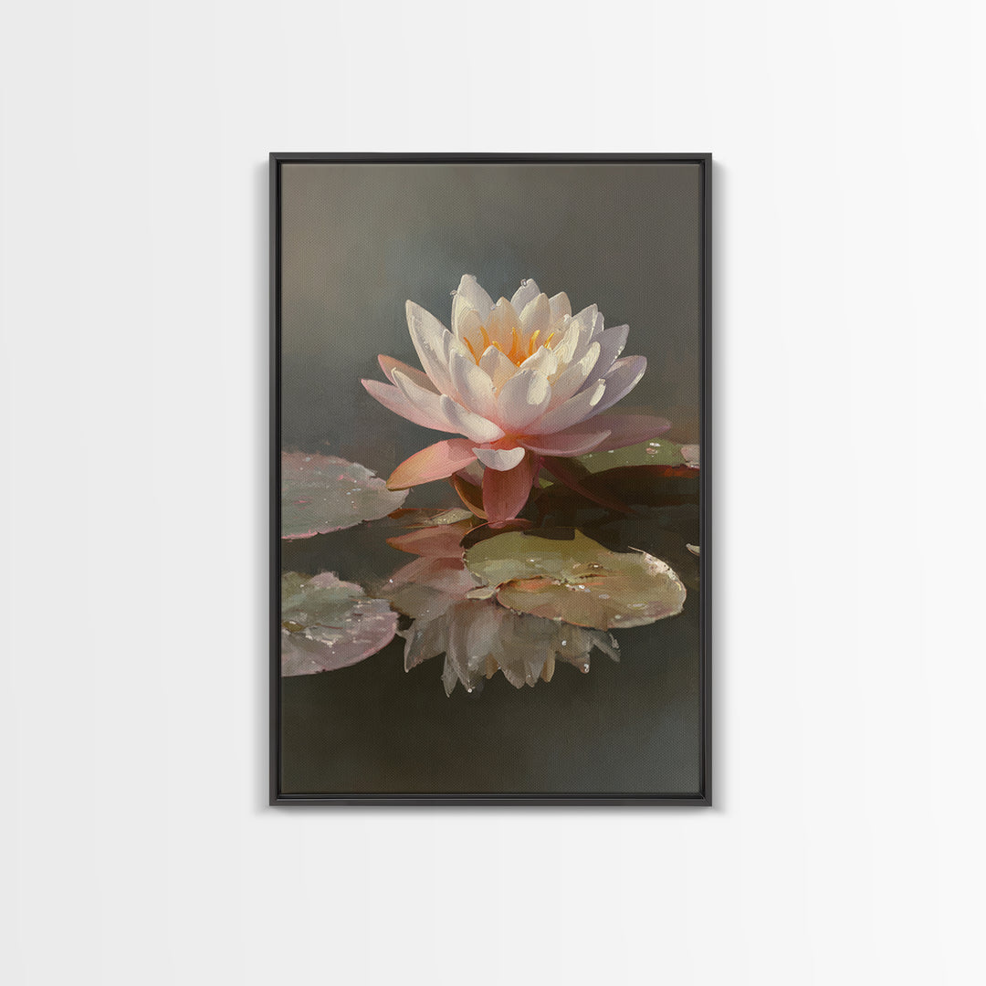 Lotus Flower Glowing Framed Canvas Print, Meditation Art, Gallery Wall Art, Living Room Decor, Stillness, Printable Artwork, MED-2x3-33