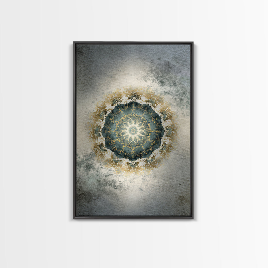 Mandala with Soft Gold and Indigo Symmetry Framed Canvas Print, Meditation Art, Original Art, Living Room Decor, Stillness, MED-2x3-34