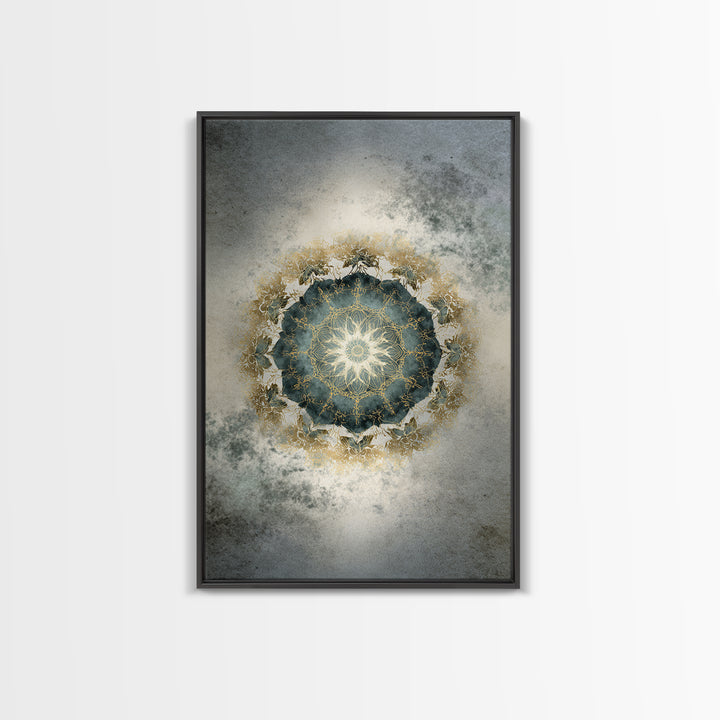 Mandala with Soft Gold and Indigo Symmetry Framed Canvas Print, Meditation Art, Original Art, Living Room Decor, Stillness, MED-2x3-34