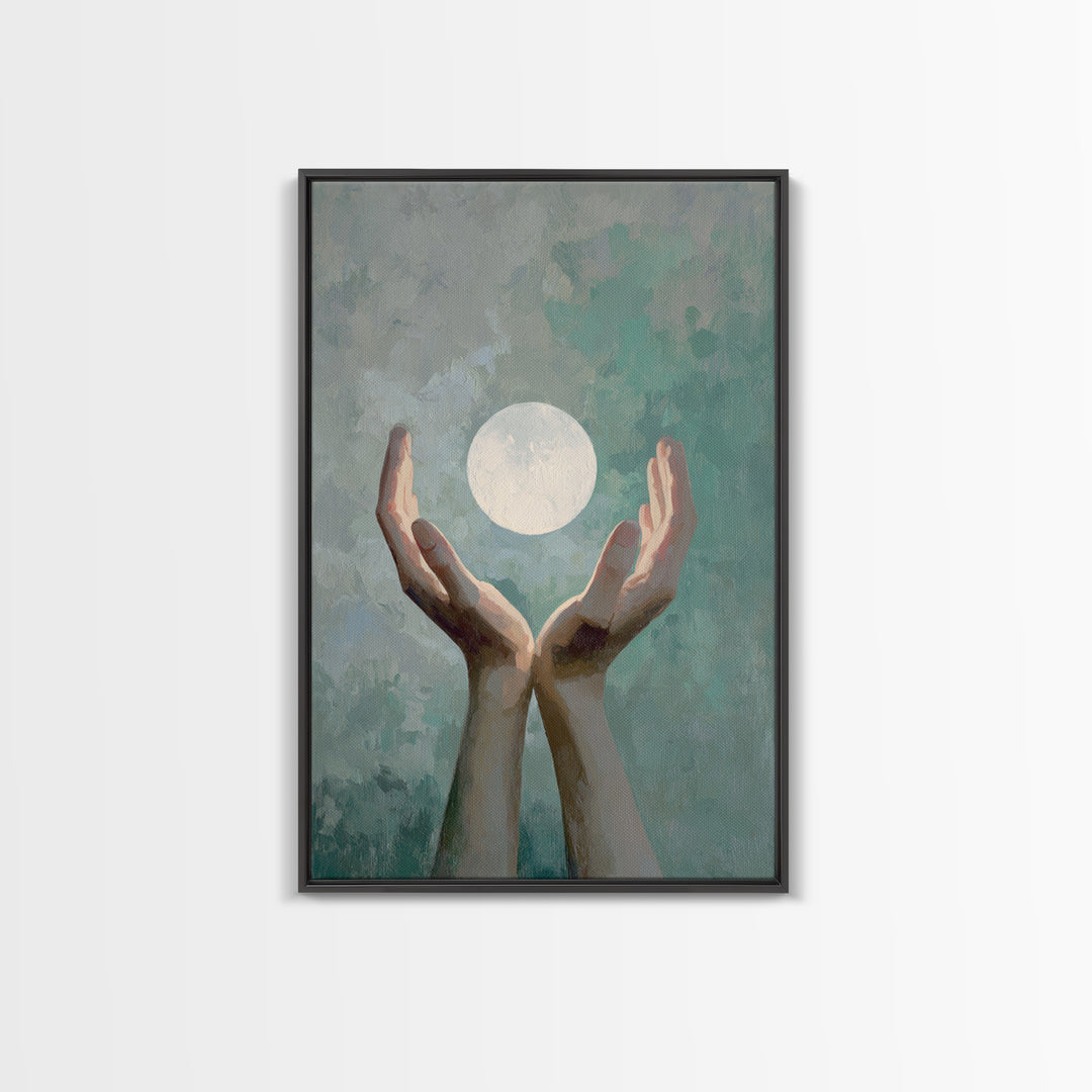 Hands Holding a Tiny Glowing Sun Framed Canvas Print, Meditation Art, Living Room Art, Living Room Decor, Fine Art, Stillness, MED-2x3-68