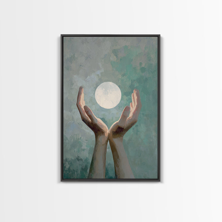 Hands Holding a Tiny Glowing Sun Framed Canvas Print, Meditation Art, Living Room Art, Living Room Decor, Fine Art, Stillness, MED-2x3-68