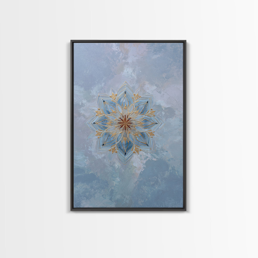 Mandala with Soft Gold and Indigo Symmetry Canvas Print, Meditation Art, Boho Wall Art, Living Room Decor, Fine Art, Stillness, MED-2x3-82