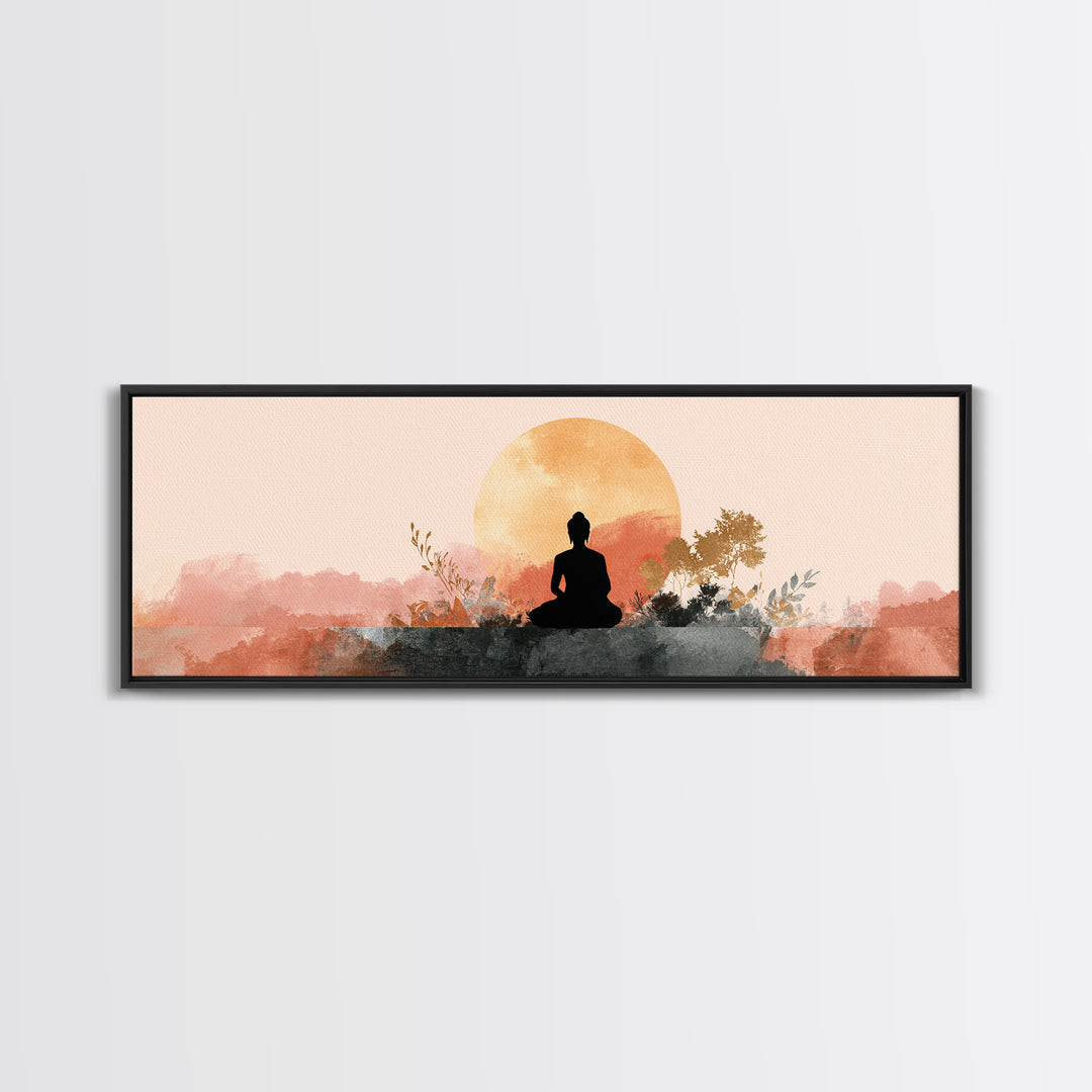 Buddha Silhouette Surrounded by Warm Light Framed Canvas Print, Meditation Art, Art Print, Living Room Decor, Stillness, MED-3x1-23