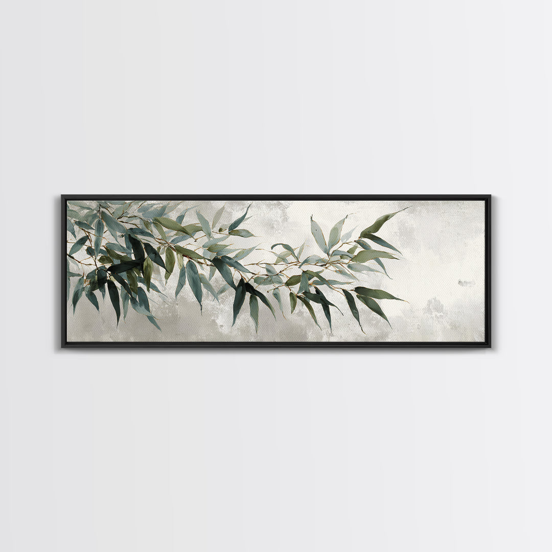Bamboo Leaves in Gentle Ink Wash Framed Canvas Print, Meditation Art, Room Decor, Living Room Decor, Fine Art, Stillness, MED-3x1-27