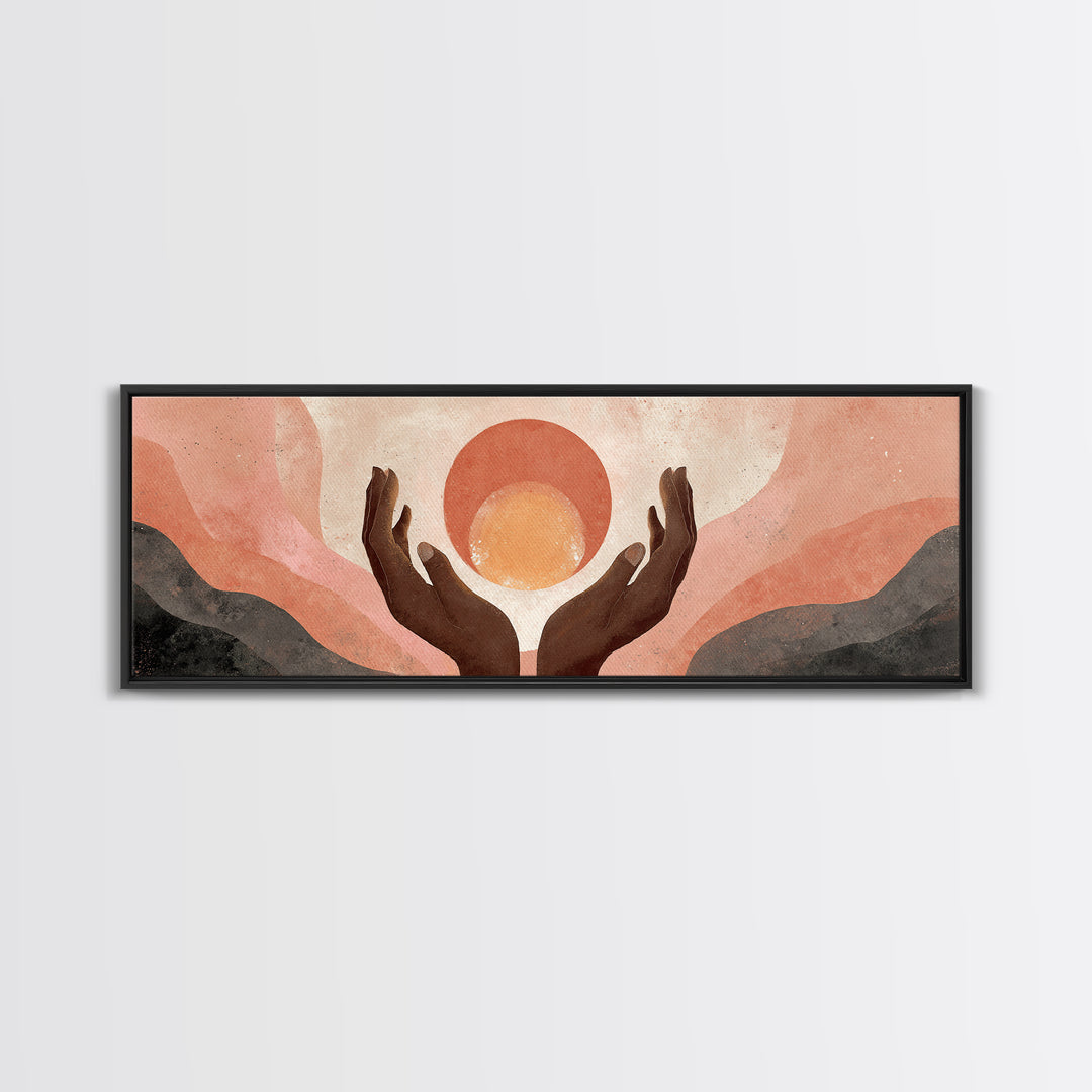 Hands Holding a Tiny Glowing Sun Canvas Print, Meditation Art, Spiritual Wall Art, Living Room Decor, Watercolor Art, Stillness, MED-3x1-4