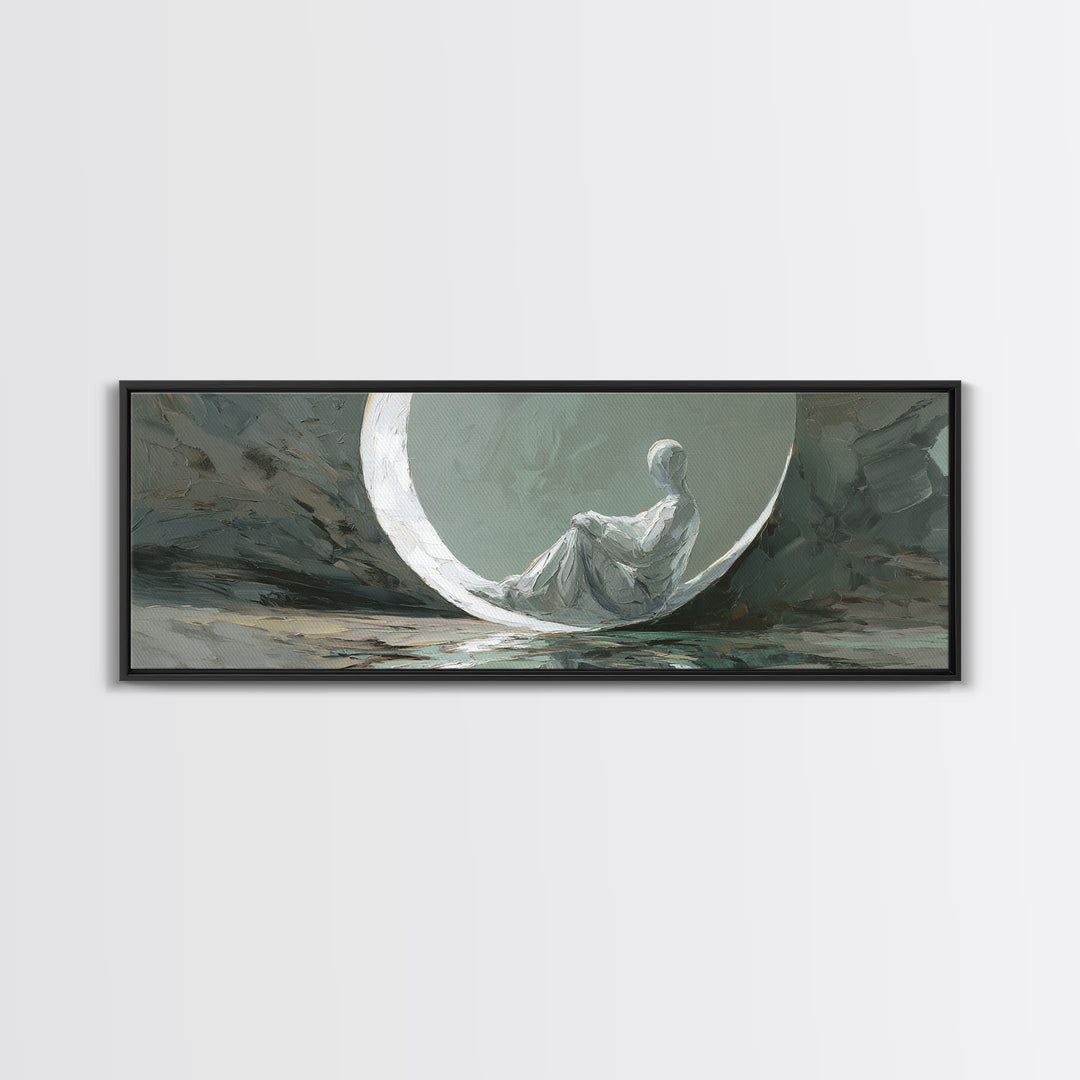 Single Seated Figure Beneath a Crescent Moon Canvas Print, Meditation Art, Abstract Art, Living Room Decor, Fine Art, Stillness, MED-3x1-43