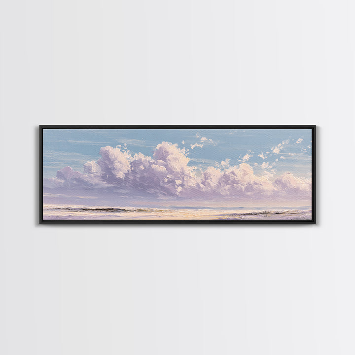 Gentle Cloudscape in Lavender and Cream Framed Canvas Print, Meditation Art, Art Deco, Living Room Decor, Fine Art, Stillness, MED-3x1-59