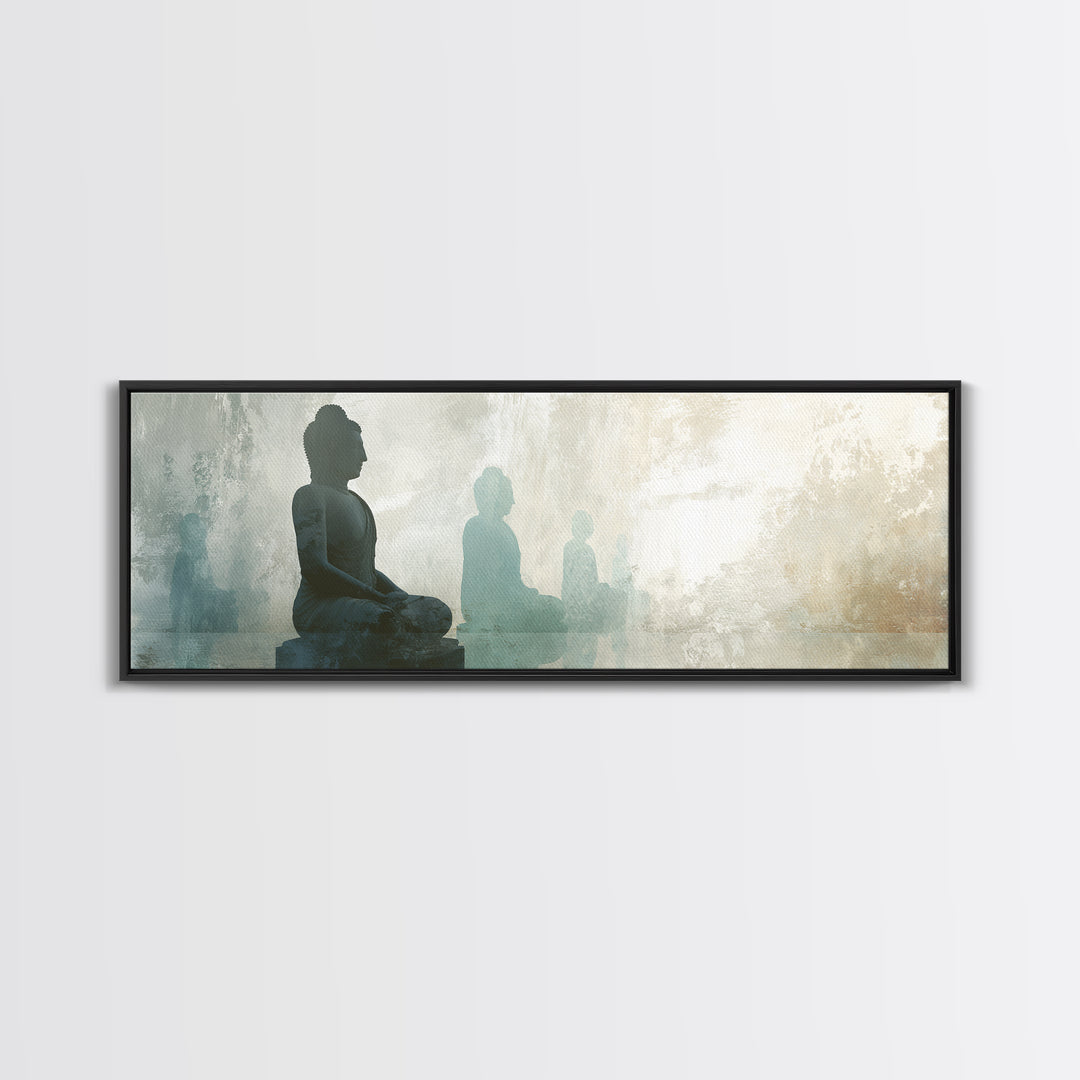 Buddha Silhouette Surrounded by Warm Light Canvas Print, Meditation Art, Boho Wall Decor, Living Room Decor, Stillness, MED-3x1-71