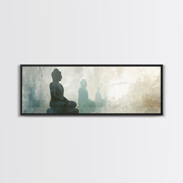 Buddha Silhouette Surrounded by Warm Light Canvas Print, Meditation Art, Boho Wall Decor, Living Room Decor, Stillness, MED-3x1-71
