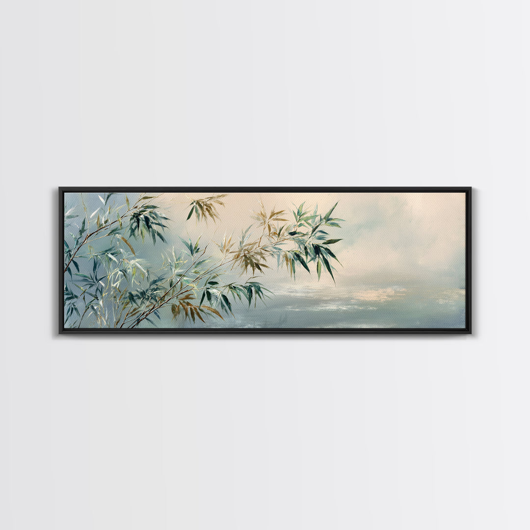 Bamboo Leaves in Gentle Ink Wash Canvas Print, Meditation Art, Floral Wall Art, Living Room Decor, Fine Art, Stillness, MED-3x1-75