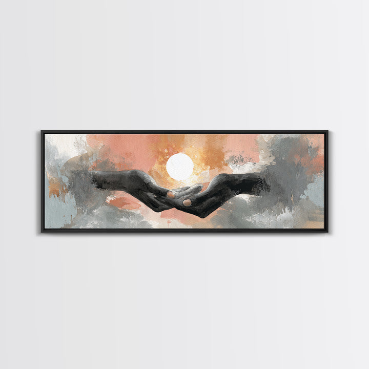 Hands Holding a Tiny Glowing Sun Canvas Print, Meditation Art, Digital Wall Art, Living Room Decor, Fine Art, Stillness, MED-3x1-76