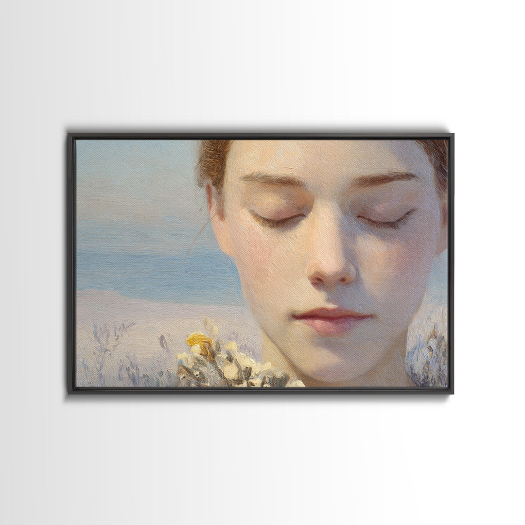 Calm Face Portrait Framed Canvas Print, Meditation Art, Contemporary Art, Living Room Decor, Fine Art, Stillness, Modern Decor, MED-3x2-28