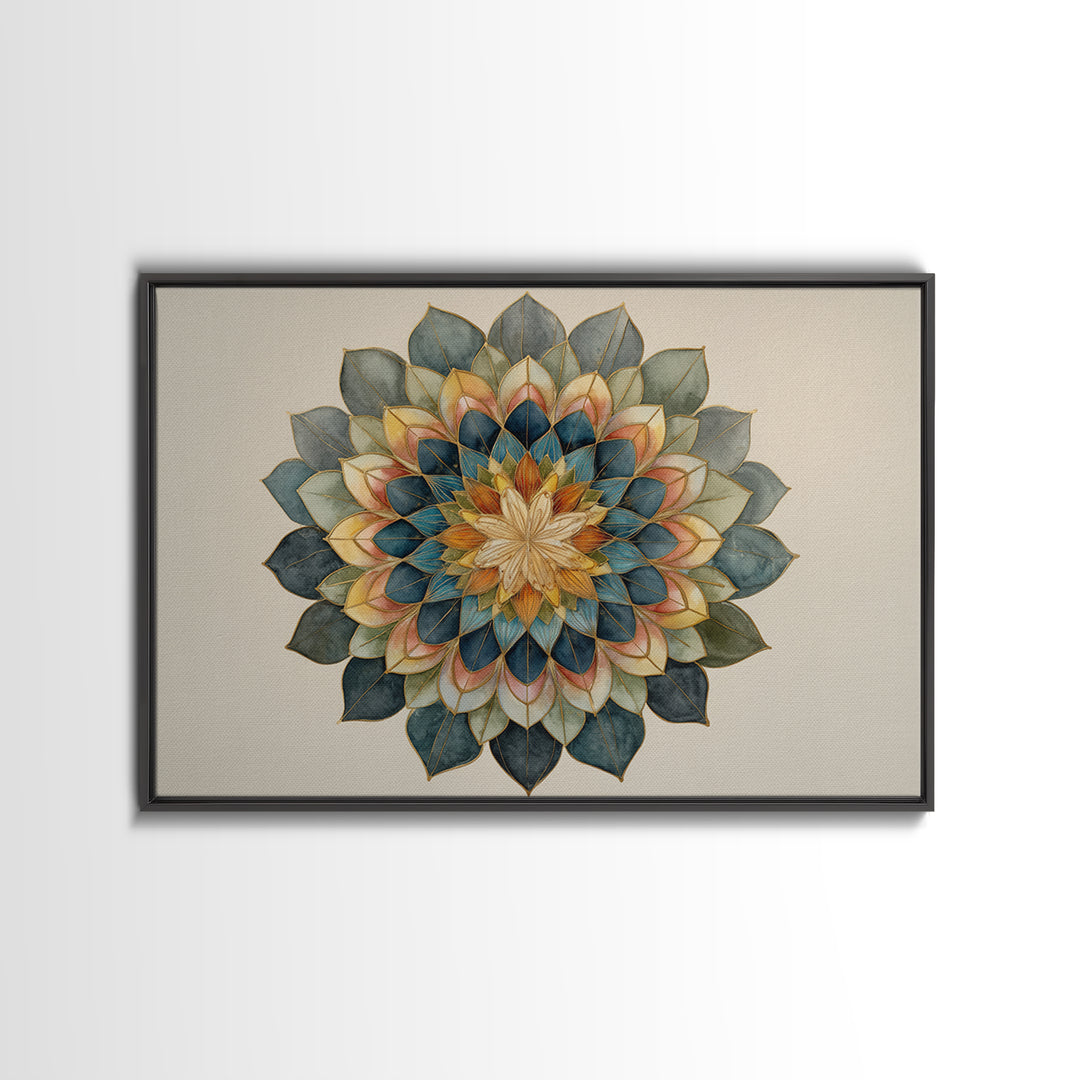 Mandala with Soft Gold and Indigo Symmetry Canvas Print, Meditation Art, Zen Wall Art, Living Room Decor, Fine Art, Stillness, MED-3x2-30