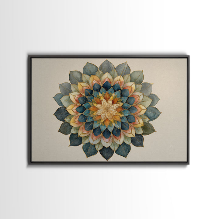 Mandala with Soft Gold and Indigo Symmetry Canvas Print, Meditation Art, Zen Wall Art, Living Room Decor, Fine Art, Stillness, MED-3x2-30